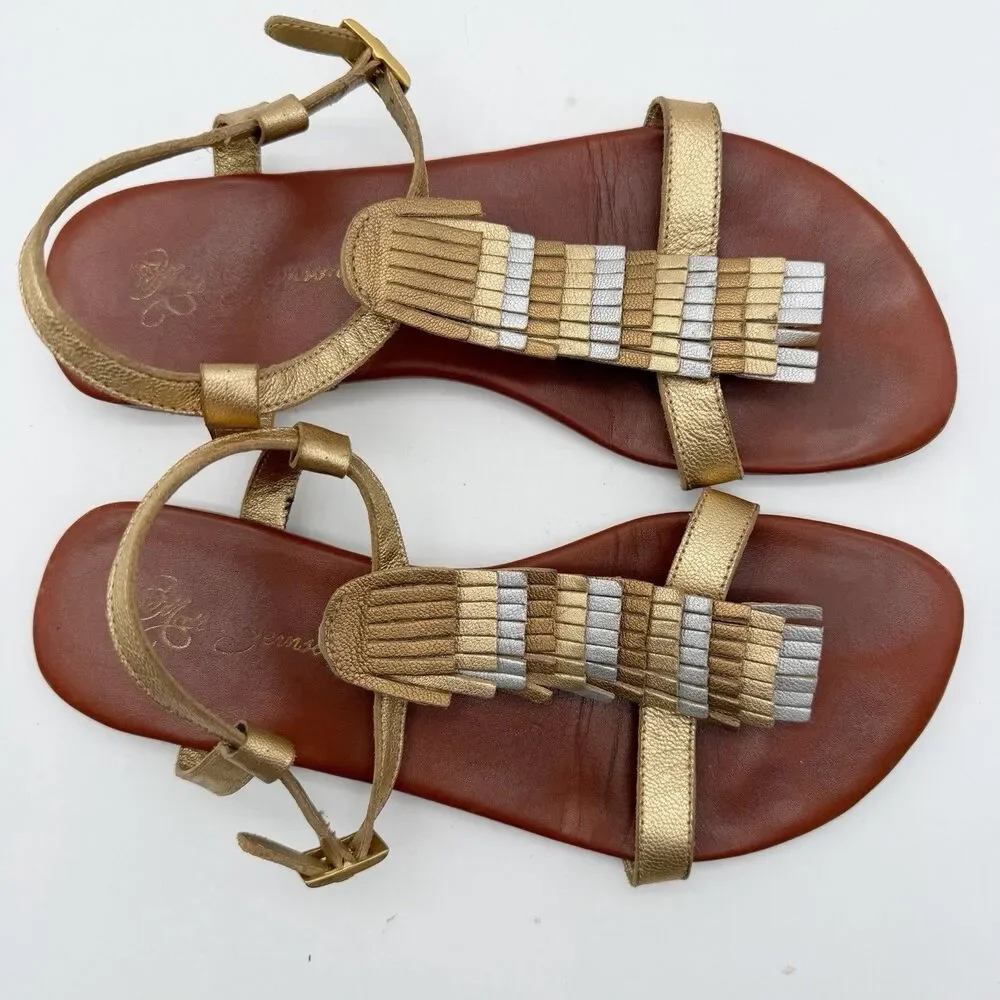 Matt Bernson Gold Silver Metallic Fringe Leather Ankle Strap Flat Sandals US 8